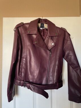 Women’s Burgundy Faux Leather Moto Jacket with Belt